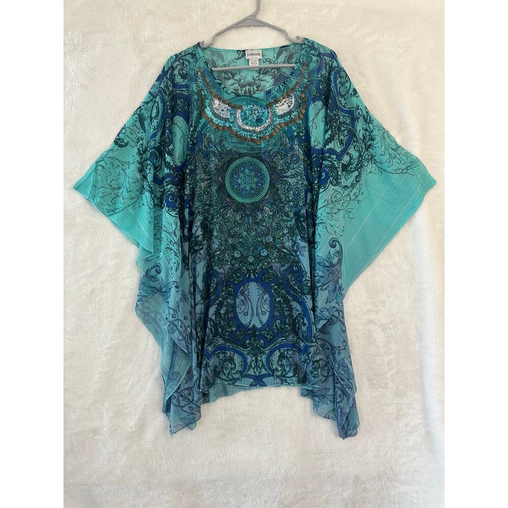 Chico's Sequin Flowy Kimono Top 2 Large Medallion Semi Sheer